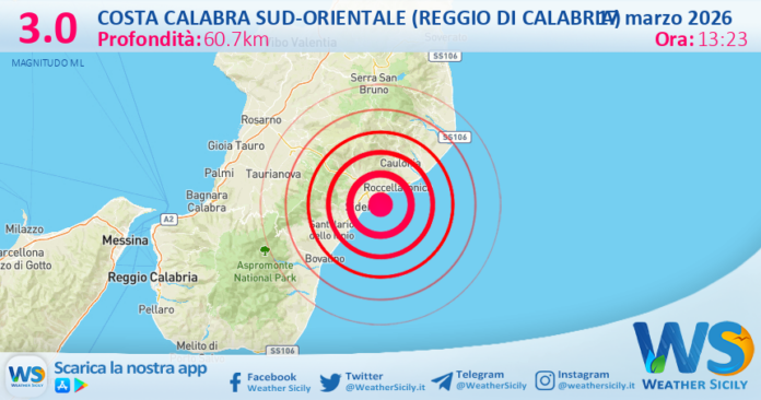 Scossa di terremoto magnitudo 3.0 nei pressi di Costa Calabra sud-orientale (Reggio di Calabria)
