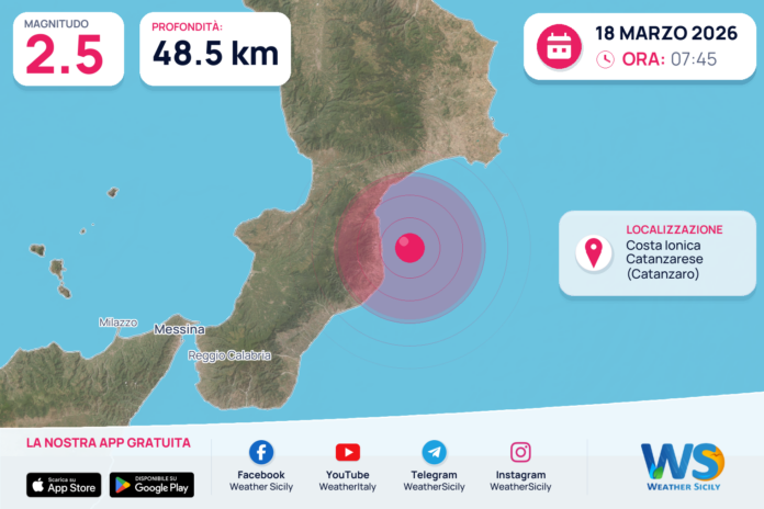 Scossa di terremoto magnitudo 2.5 nei pressi di Costa Ionica Catanzarese (Catanzaro)