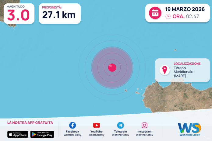 Scossa di terremoto magnitudo 3.0 nel Tirreno Meridionale (MARE)