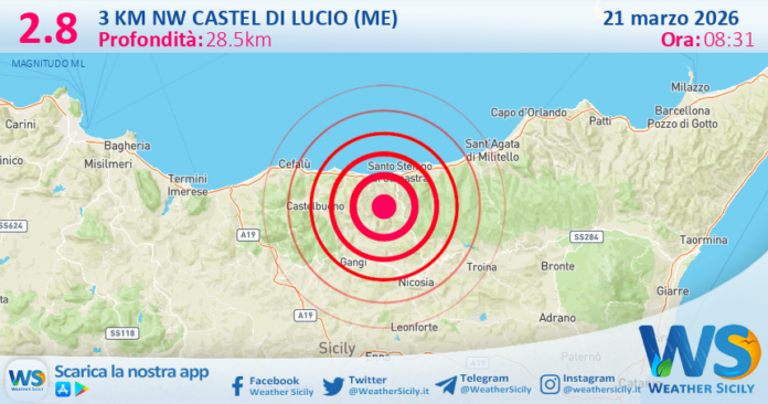 Scossa di terremoto magnitudo 2.8 nei pressi di Castel di Lucio (ME)