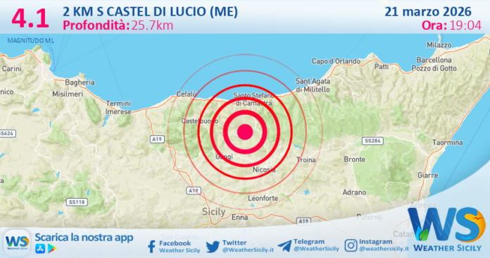 Scossa di terremoto magnitudo 4.1 nei pressi di Castel di Lucio (ME)