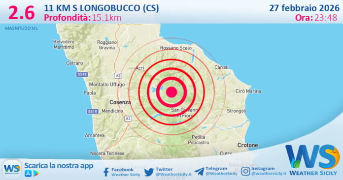 Scossa di terremoto magnitudo 2.6 nei pressi di Longobucco (CS)