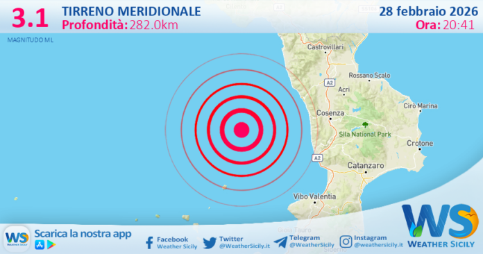 Scossa di terremoto magnitudo 3.1 nel Tirreno Meridionale (MARE)