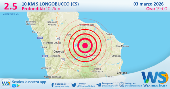 Scossa di terremoto magnitudo 2.5 nei pressi di Longobucco (CS)