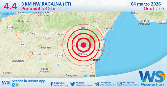 Scossa di terremoto magnitudo 4.4 nei pressi di Ragalna (CT)