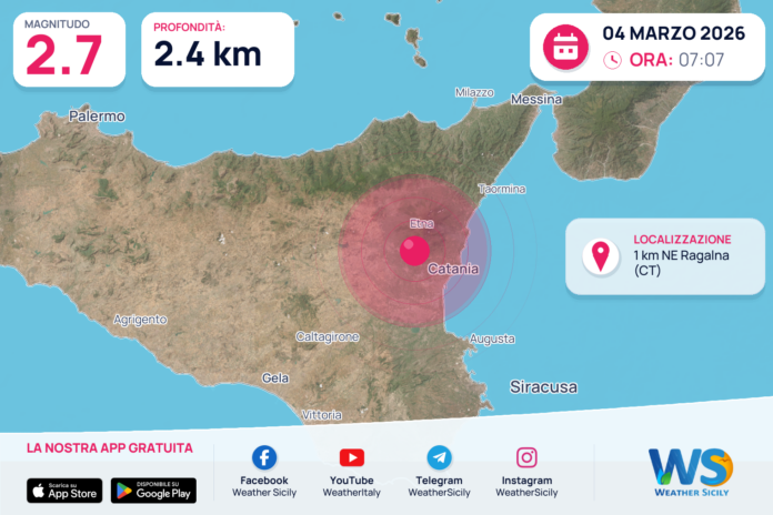 Scossa di terremoto magnitudo 2.7 nei pressi di Ragalna (CT)