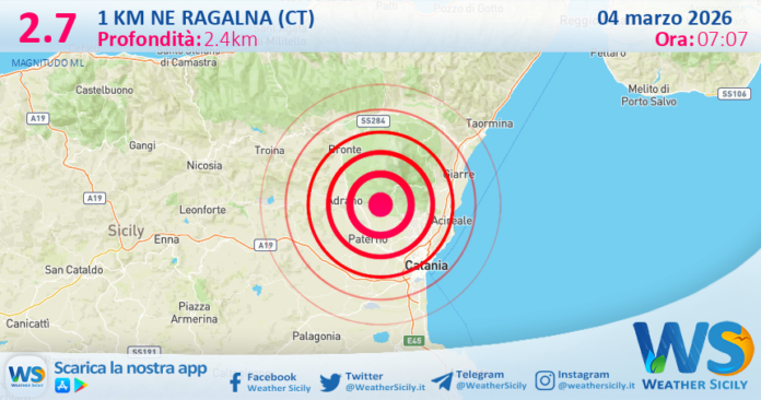 Scossa di terremoto magnitudo 2.7 nei pressi di Ragalna (CT)