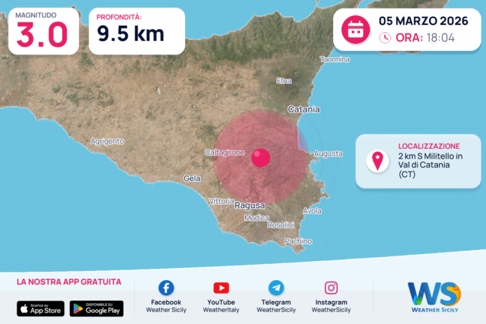 Scossa di terremoto magnitudo 3.0 nei pressi di Militello in Val di Catania (CT)
