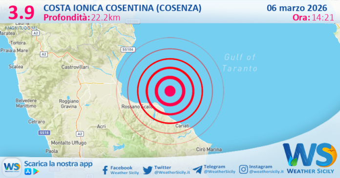 Scossa di terremoto magnitudo 3.9 nei pressi di Costa Ionica Cosentina (Cosenza)
