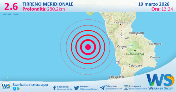 Scossa di terremoto magnitudo 2.6 nel Tirreno Meridionale (MARE)