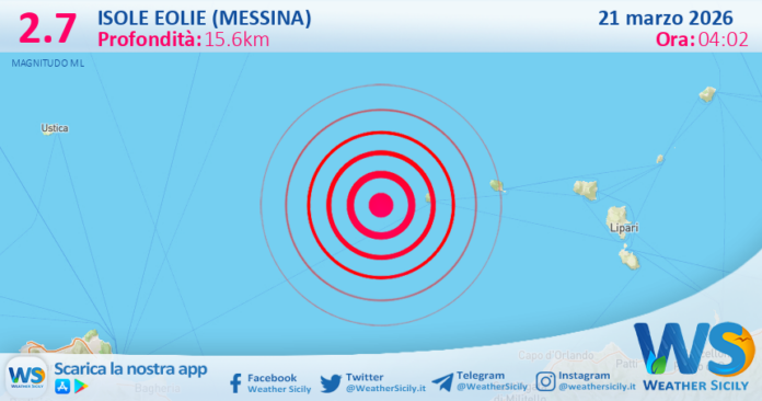 Scossa di terremoto magnitudo 2.7 nei pressi di Isole Eolie (Messina)