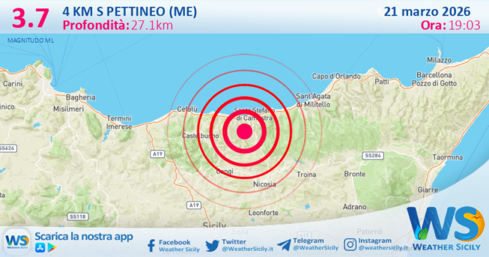 Scossa di terremoto magnitudo 3.7 nei pressi di Pettineo (ME)