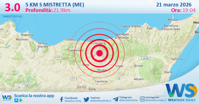 Scossa di terremoto magnitudo 3.0 nei pressi di Mistretta (ME)