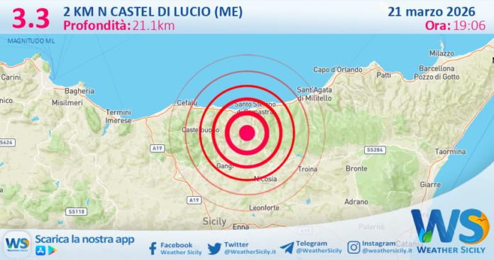 Scossa di terremoto magnitudo 3.3 nei pressi di Castel di Lucio (ME)