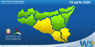 Meteo Sicilia: bollettino di allerta meteo per domani, giovedì 23 aprile 2026