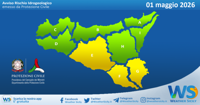 Meteo Sicilia: bollettino di allerta meteo per domani, venerdì 01 maggio 2026