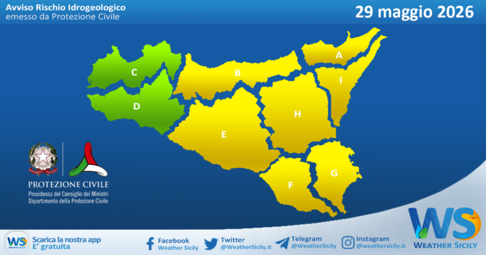 Meteo Sicilia: bollettino di allerta meteo per domani, venerdì 29 maggio 2026