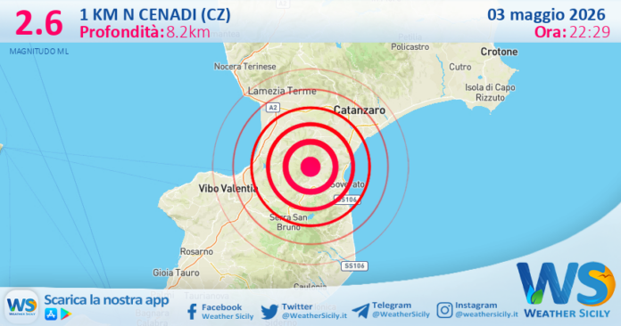 Scossa di terremoto magnitudo 2.6 nei pressi di Cenadi (CZ)
