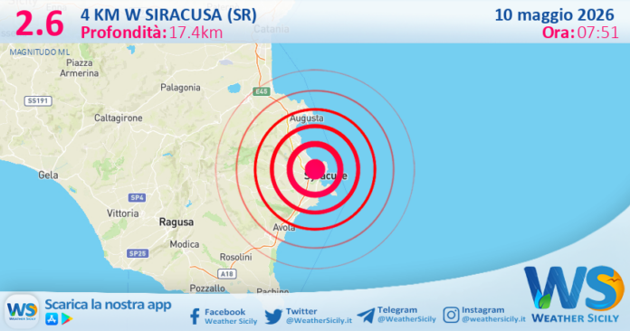 Scossa di terremoto magnitudo 2.6 nei pressi di Siracusa (SR)