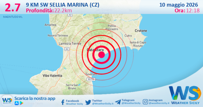 Scossa di terremoto magnitudo 2.7 nei pressi di Sellia Marina (CZ)