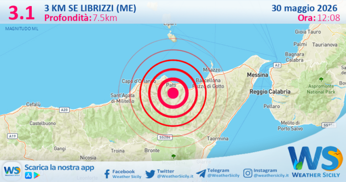 Scossa di terremoto magnitudo 3.1 nei pressi di Librizzi (ME)