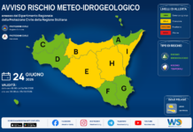 Meteo Sicilia: bollettino di allerta meteo – rischio temporali per domani, mercoledì 24 giugno 2026 Mappa allerta meteo Sicilia per mercoledì 24 giugno 2026: allerta gialla per rischio idrogeologico e rischio temporali