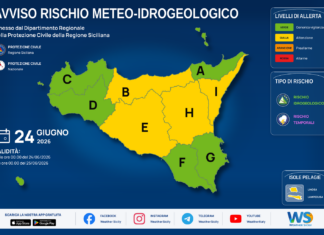Meteo Sicilia: bollettino di allerta meteo – rischio temporali per domani, mercoledì 24 giugno 2026 Mappa allerta meteo Sicilia per mercoledì 24 giugno 2026: allerta gialla per rischio idrogeologico e rischio temporali
