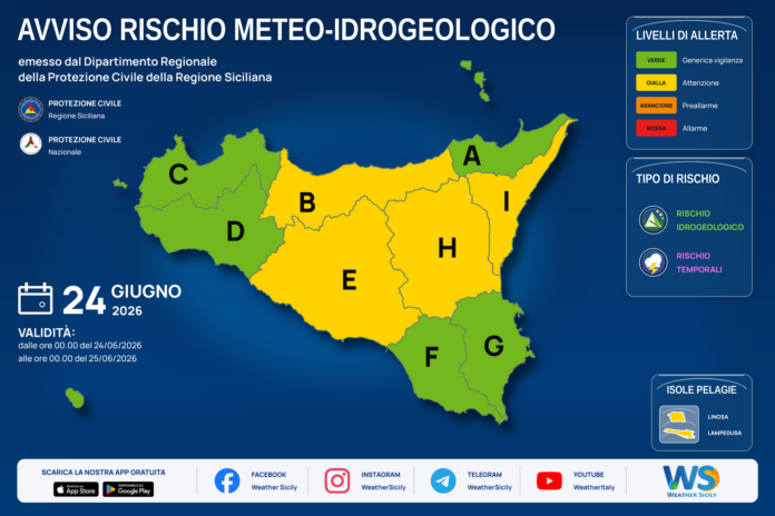 Mappa allerta meteo Sicilia per mercoledì 24 giugno 2026: allerta gialla per rischio idrogeologico e rischio temporali Mappa allerta meteo Sicilia per mercoledì 24 giugno 2026: allerta gialla per rischio idrogeologico e rischio temporali