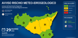 Meteo Sicilia: bollettino di allerta meteo per domani, lunedì 29 giugno 2026 Mappa allerta meteo Sicilia per lunedì 29 giugno 2026: allerta gialla per rischio idrogeologico e rischio temporali