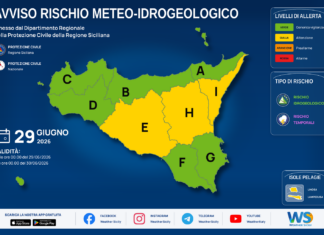 Meteo Sicilia: bollettino di allerta meteo per domani, lunedì 29 giugno 2026 Mappa allerta meteo Sicilia per lunedì 29 giugno 2026: allerta gialla per rischio idrogeologico e rischio temporali