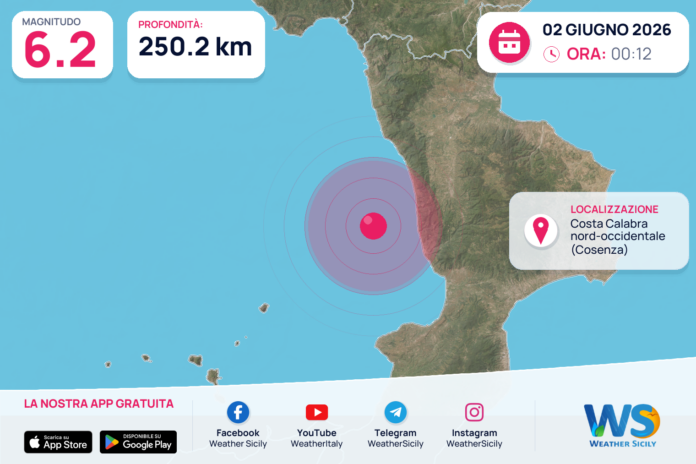 Scossa di terremoto magnitudo 6.2 nei pressi di Costa Calabra nord-occidentale (Cosenza)