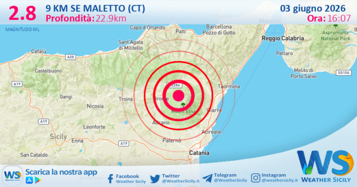 Scossa di terremoto magnitudo 2.8 nei pressi di Maletto (CT)