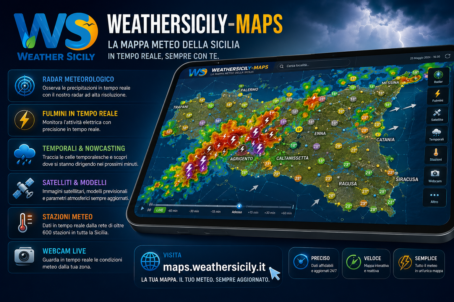 Weather Sicily Maps con radar fulmini temporali e percorsi previsionali sulla Sicilia