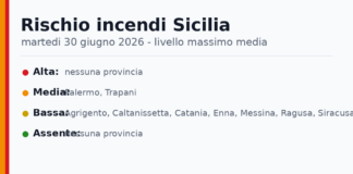 Sicilia: bollettino rischio incendi per martedi 30 giugno 2026 Sicilia: bollettino rischio incendi per martedi 30 giugno 2026