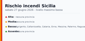 Sicilia: bollettino rischio incendi per sabato 27 giugno 2026 Sicilia: bollettino rischio incendi per sabato 27 giugno 2026