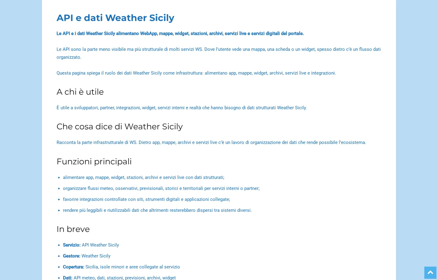 Schermata API e dati Weather Sicily per flussi e integrazioni meteo