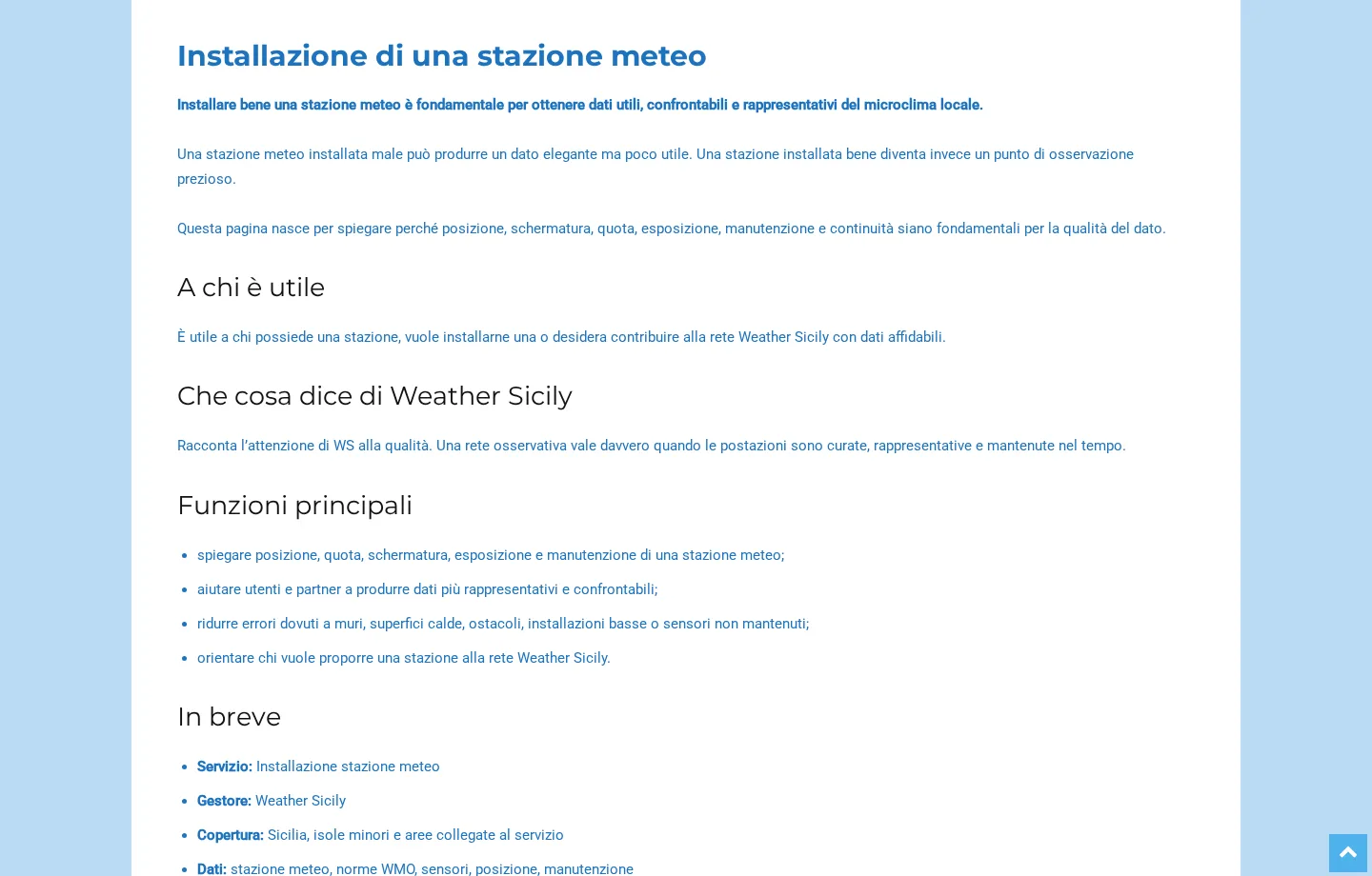 Schermata guida installazione di una stazione meteo Weather Sicily