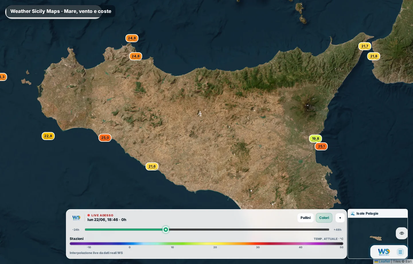 Schermata Weather Sicily Maps con livelli mare vento onde e coste