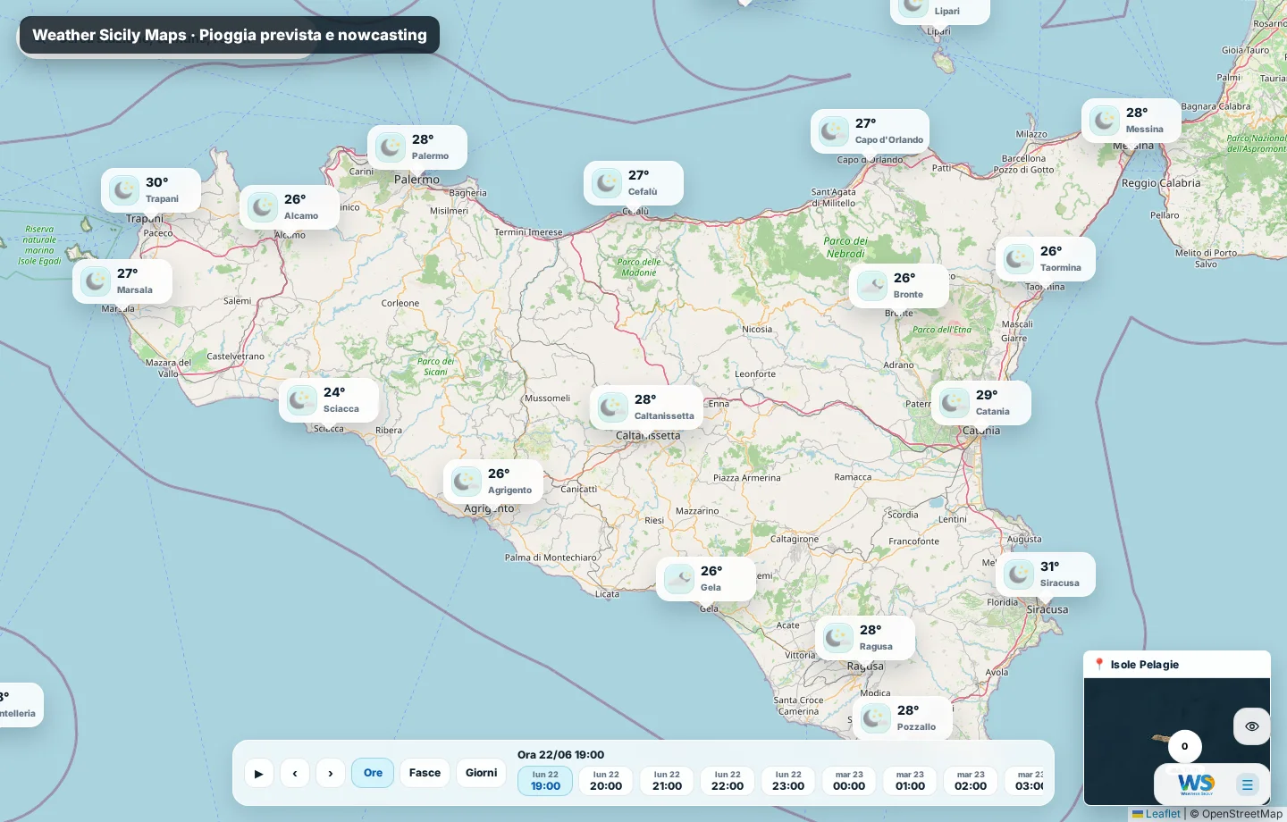 Schermata Weather Sicily Maps con pioggia prevista e nowcasting