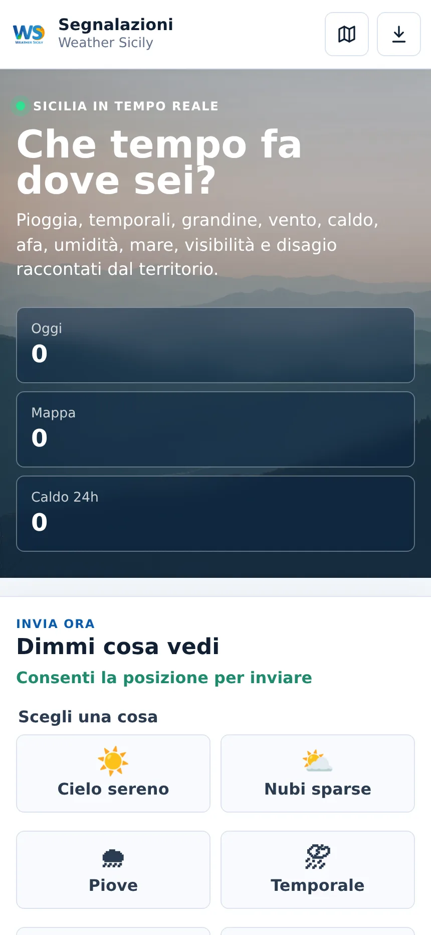 Schermata mobile della WebApp Segnalazioni Meteo Weather Sicily
