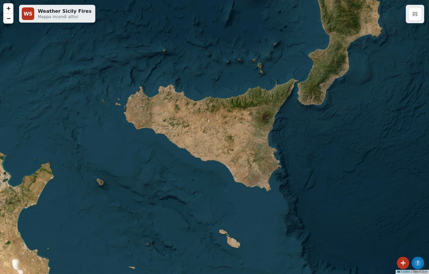 Schermata Weather Sicily Fires con mappa satellitare degli incendi in Sicilia