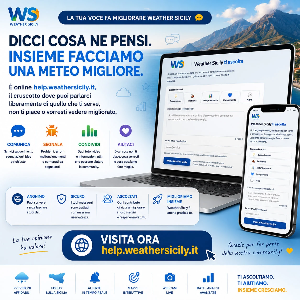 Infografica Weather Sicily Help con il servizio Weather Sicily ti ascolta per suggerimenti, problemi, dati, contenuti e richieste degli utenti