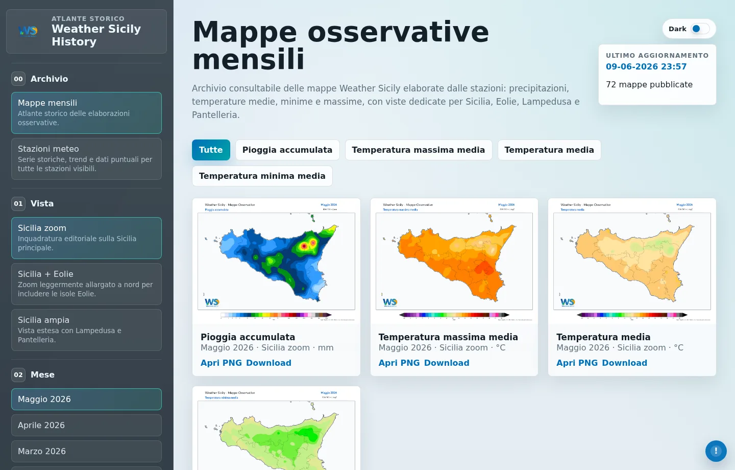 Schermata Weather Sicily History con mappe osservative mensili della Sicilia