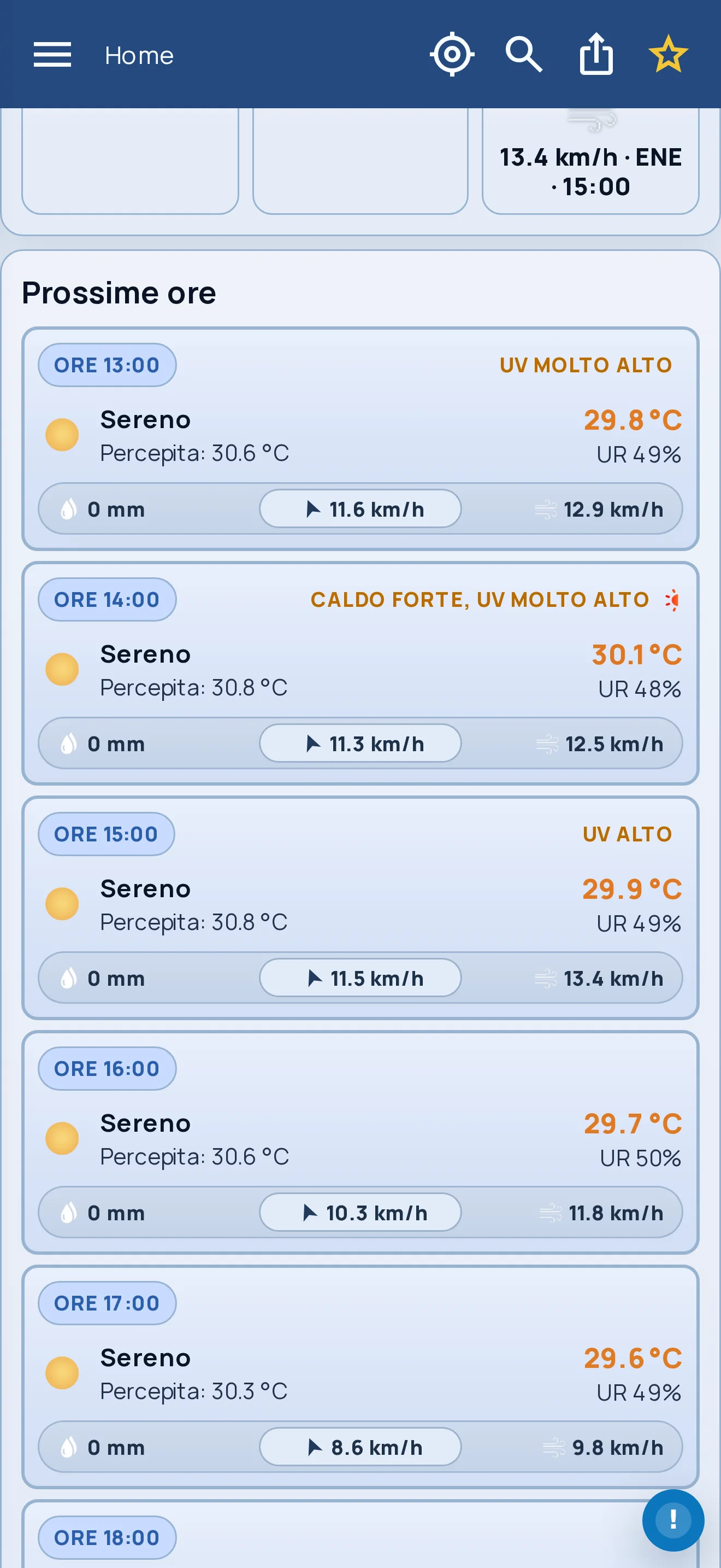 Schermata Weather Sicily App con dettaglio delle prossime ore per Palermo