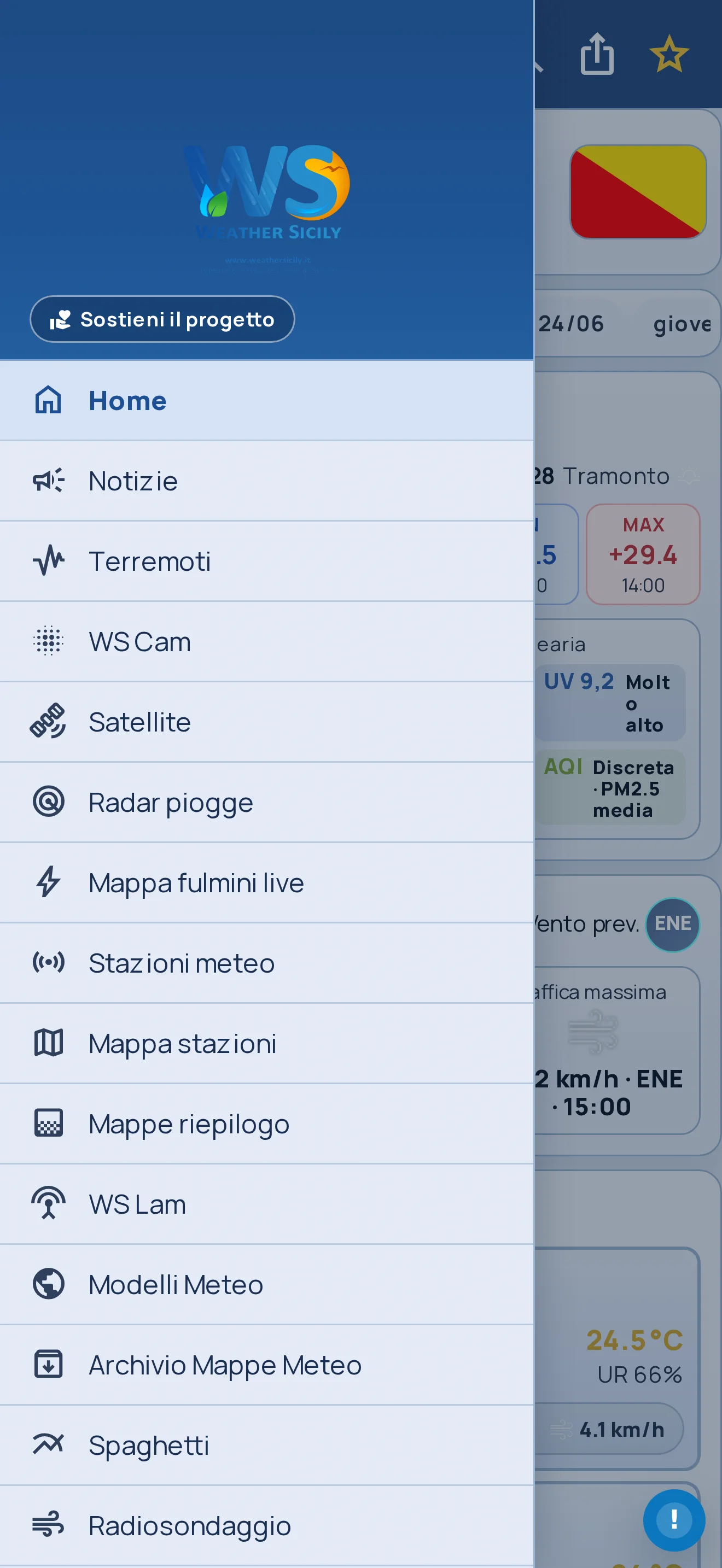 Menu laterale Weather Sicily App con servizi meteo collegati