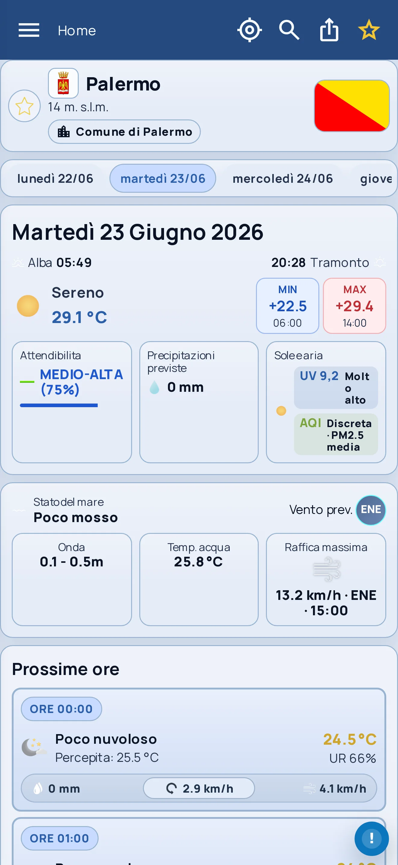 Schermata Weather Sicily App con previsione del giorno successivo