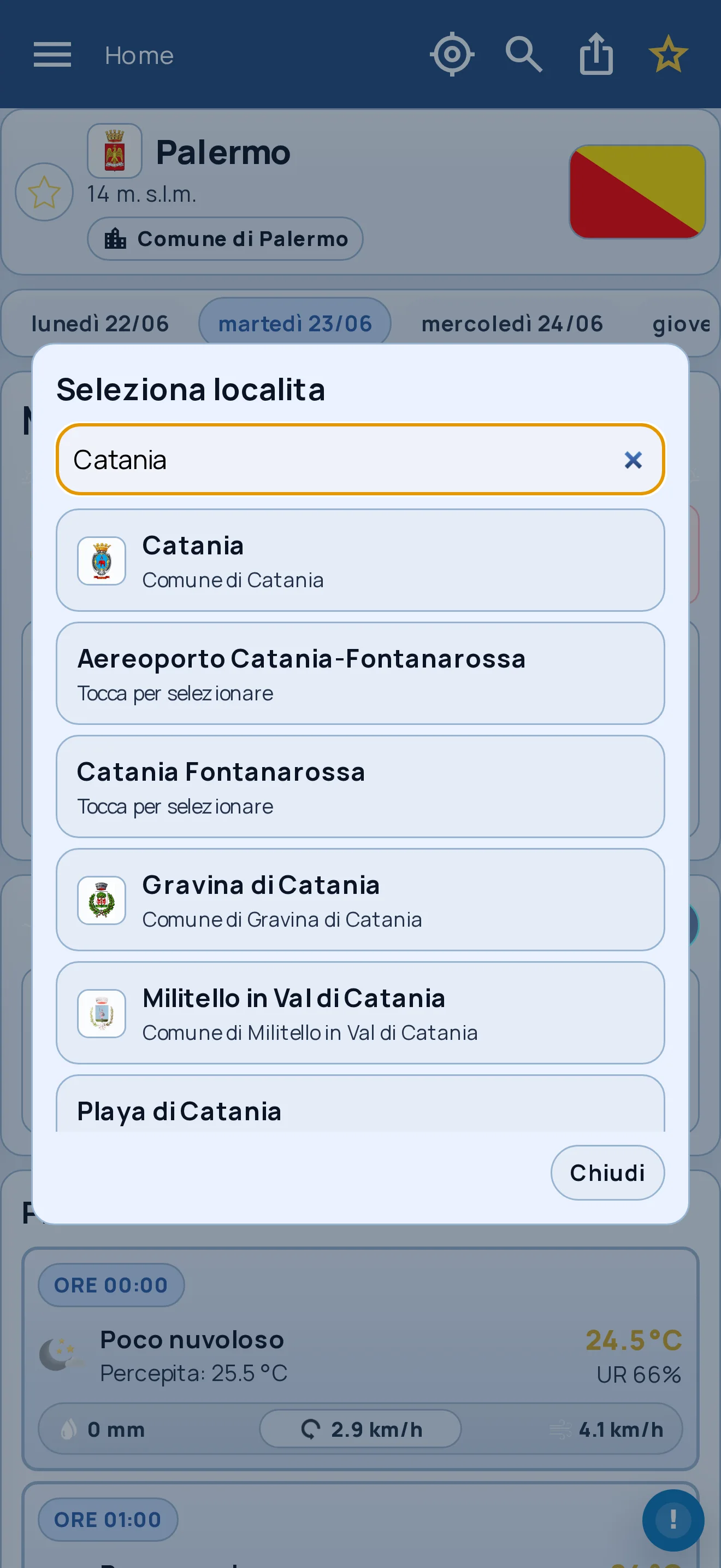 Ricerca località Weather Sicily App con risultati per Catania