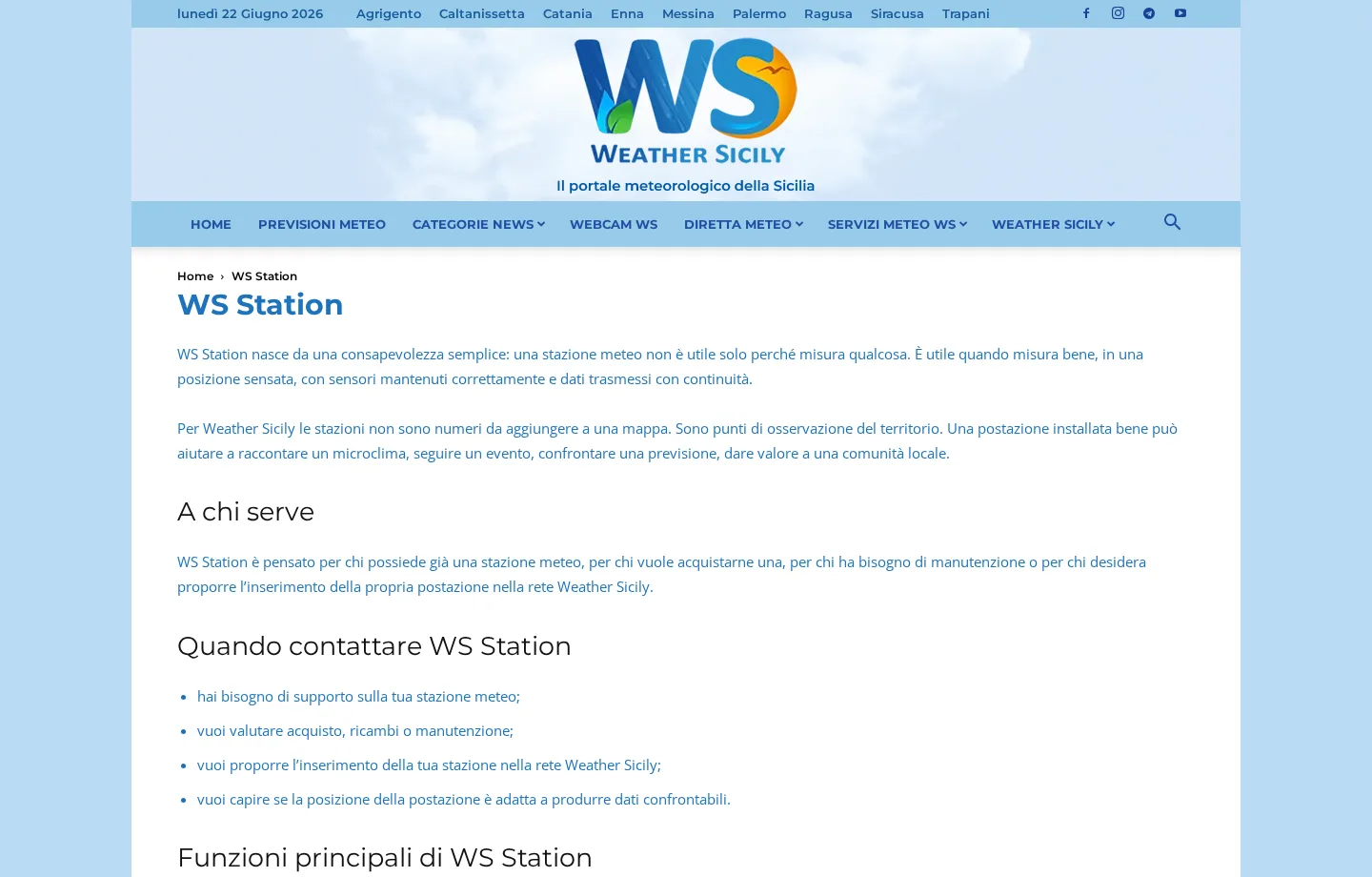 Schermata WS Station con servizio di supporto per stazioni meteo