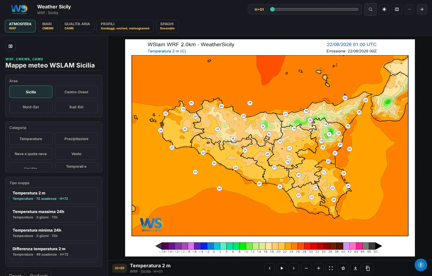 Schermata WSLAM con mappa previsionale di temperatura sulla Sicilia