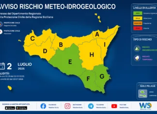 Meteo Sicilia: bollettino di allerta meteo per domani, giovedì 02 luglio 2026 Mappa allerta meteo Sicilia per giovedì 02 luglio 2026: allerta gialla per rischio idrogeologico e rischio temporali